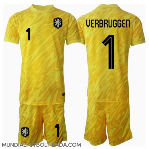 Camiseta Países Bajos Bart Verbruggen #1 Portero Segunda Equipación Replica Eurocopa 2024 para niños mangas cortas (+ Pantalones cortos)